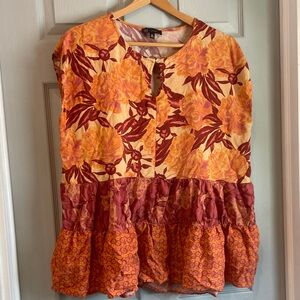DG2 by Diane Gilman Women's XL Orange Floral Fall Rayon Ruffle Sleeveless Top